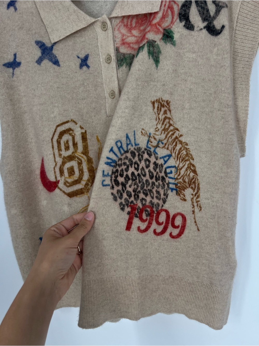 Pilcro 100% Cashmere Colorful Graphic Printed Cream Knit Sweater Vest XL - Picture 4 of 8